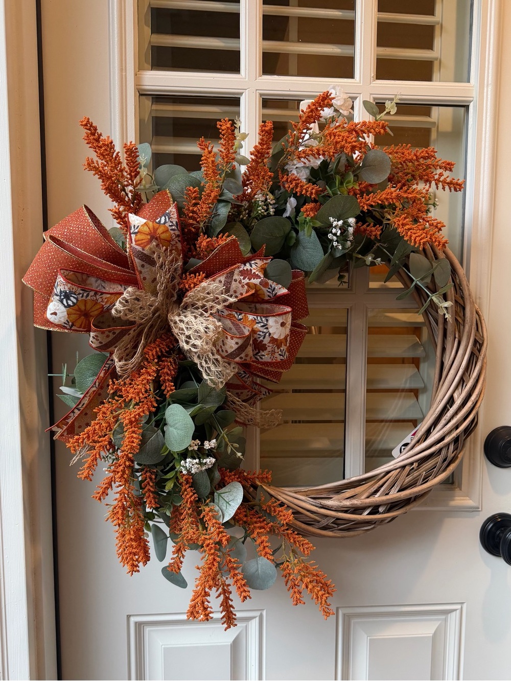Rustic Orange Fall Grapevine Wreath with Decorative Bow